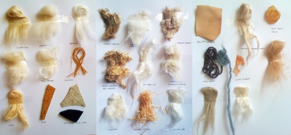 Selection of raw natural fibres from Handweavers and Wingham Wool